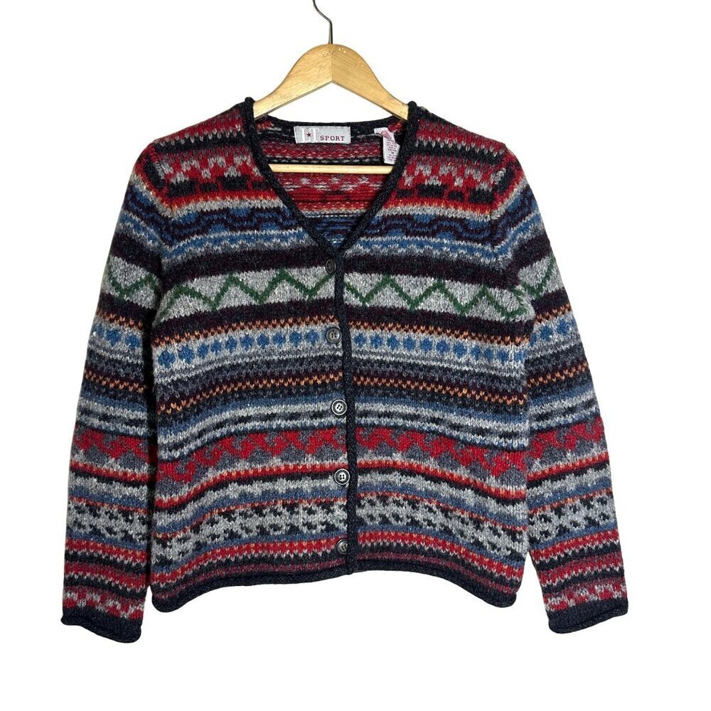 VTG Woolmark Shetland Wool Cardigan Multi Womens Size M Cabin Cozy Y2K Button Up - Picture 1 of 5